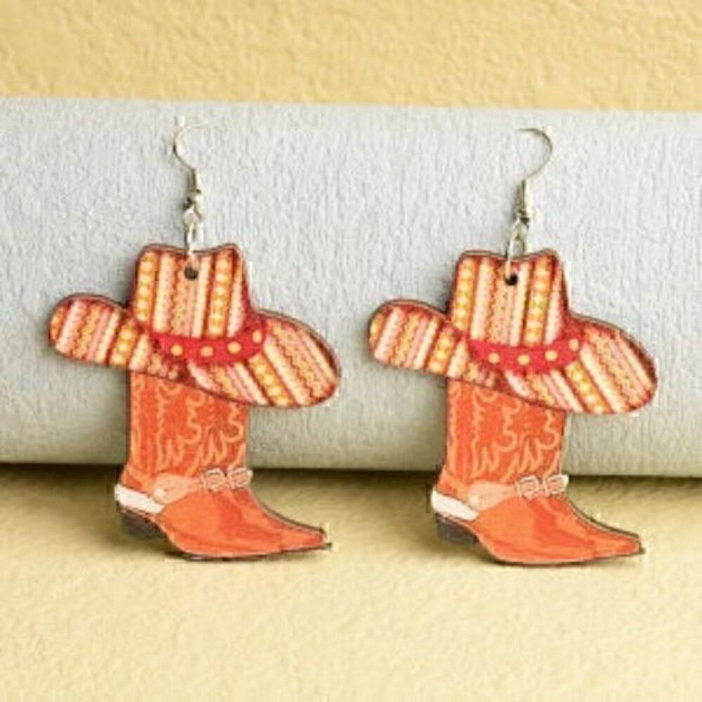 Western Cowboy Boot Hat Shaped Long Earrings